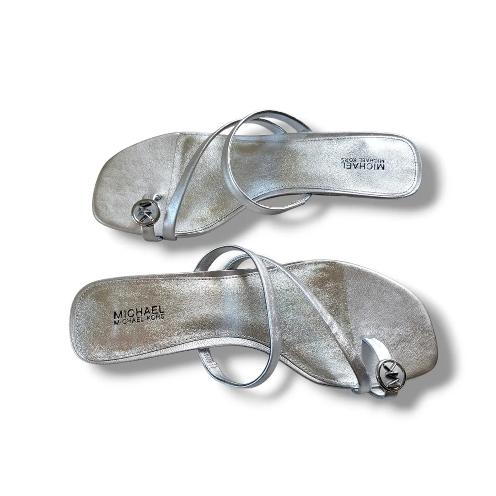 Michael Kors | BNIB Mid Letty Metallic Silver Strappy Toe Post Kitten Heels - Picture 11 of 13